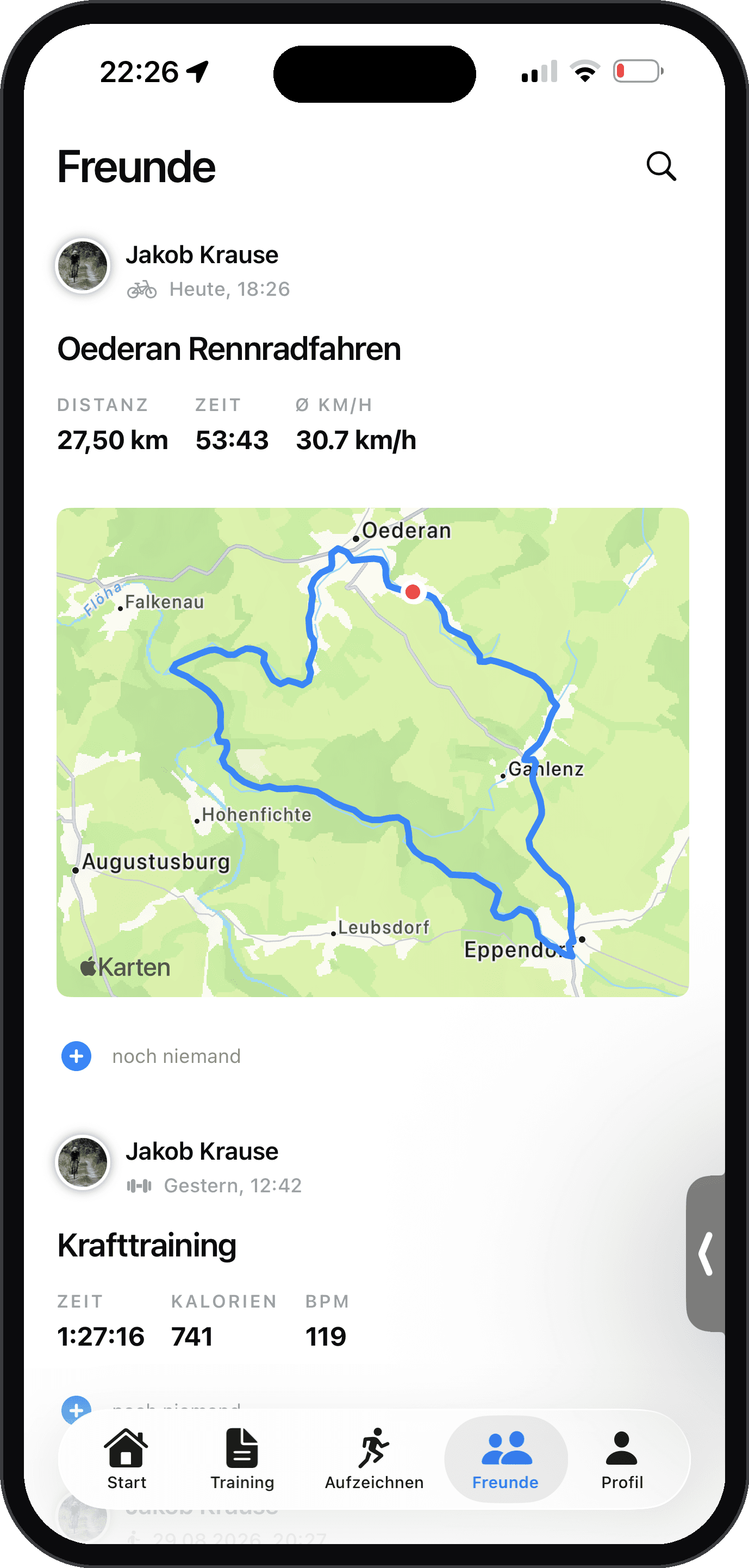 Kapme Feed mit Läufen von Freunden inklusive Route und Werten