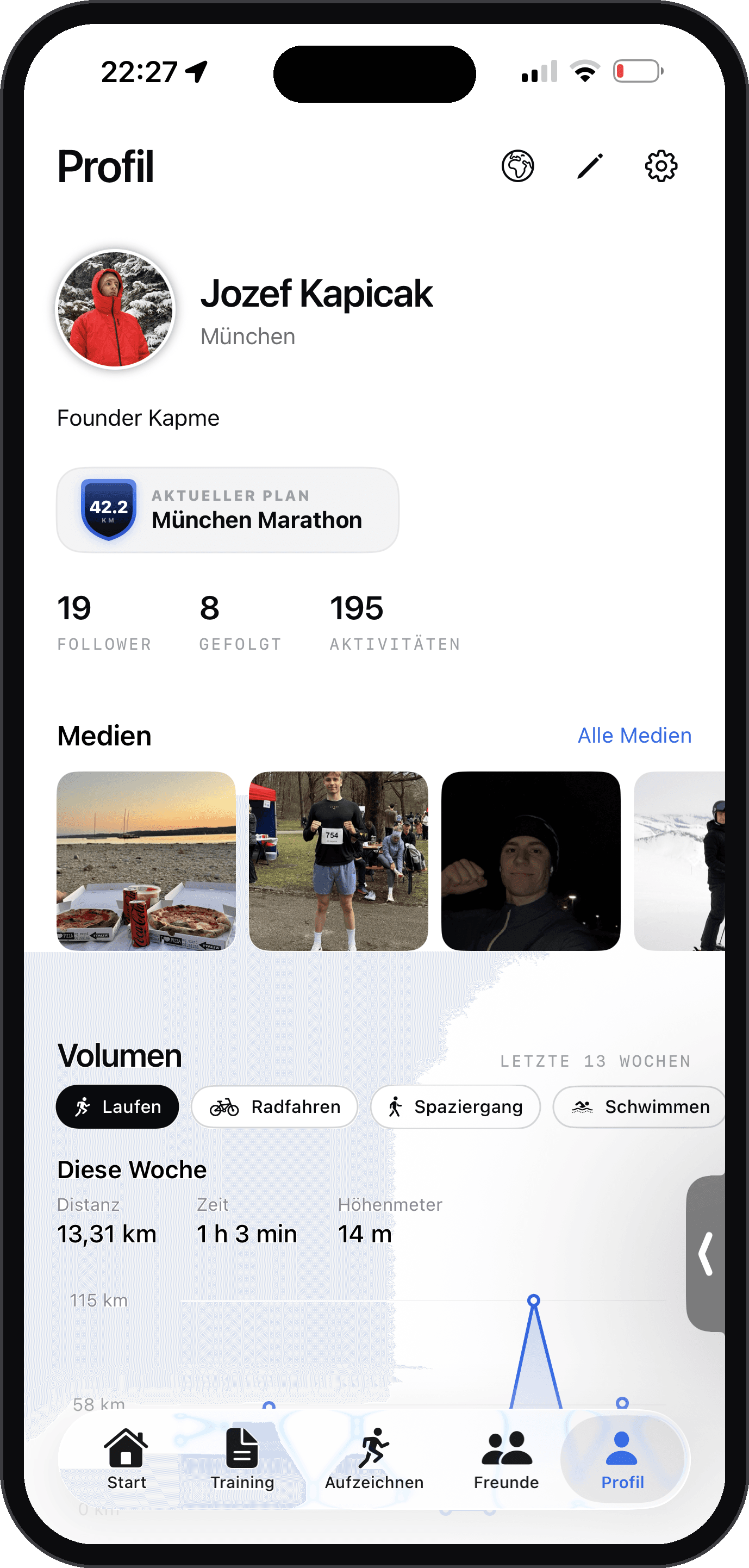 Kapme Profil mit aktuellem Plan, Statistiken und Trainingsvolumen
