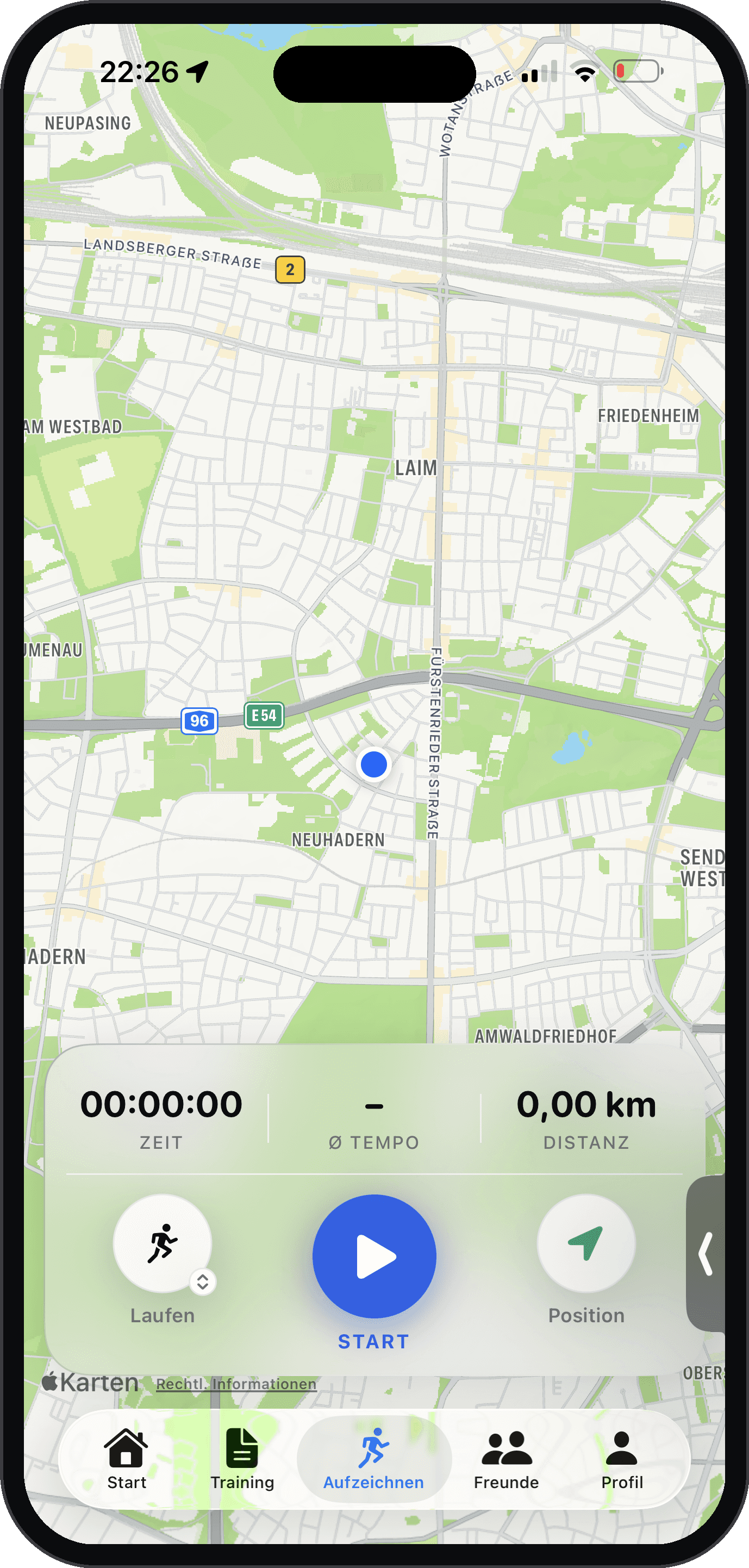 Kapme Aufzeichnen-Screen mit Karte und Start-Button für den Lauf